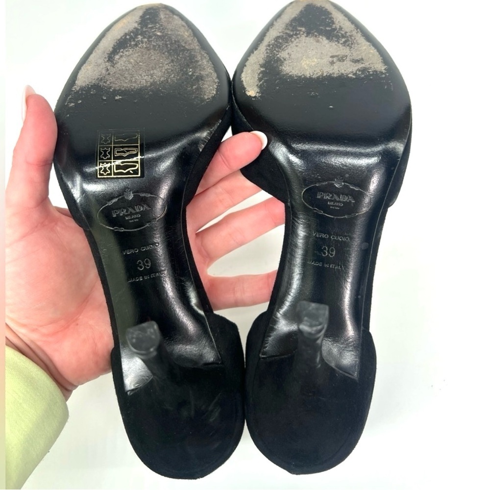 Vintage Prada Black Suede Peeptoe Stiletto Pumps D’Orsay Style Size 39 US 9 Nine - Picture 8 of 10